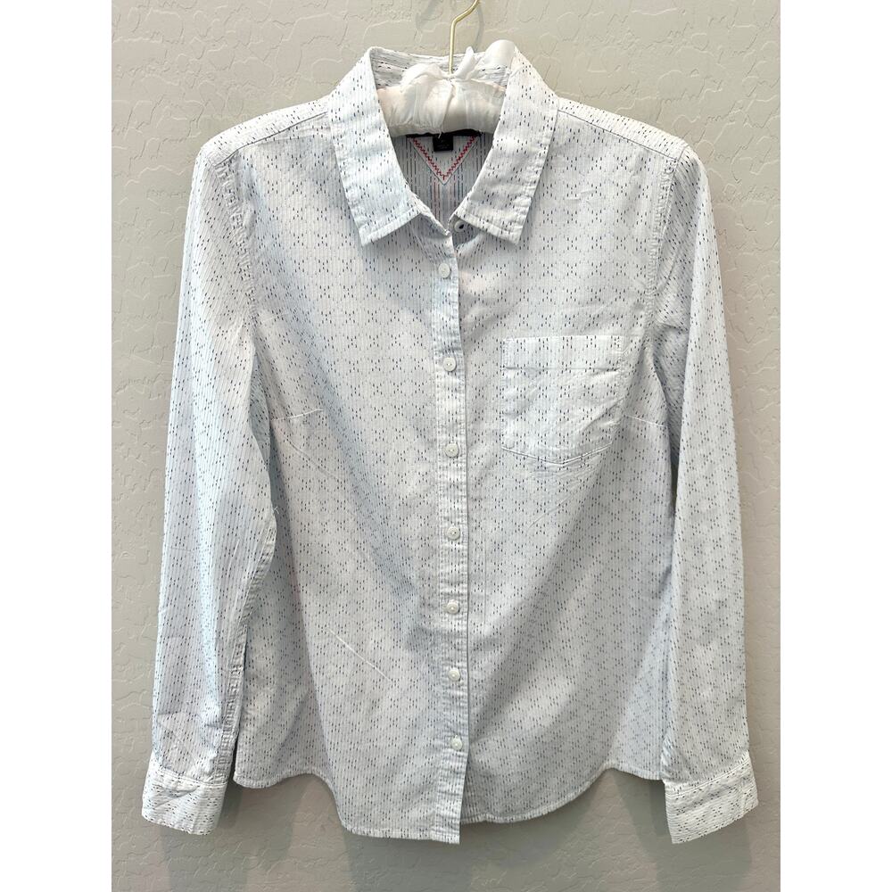 TOMMY HILFIGER White Button Down Shirt Blue Print Logo Stripe Back NWT | Medium